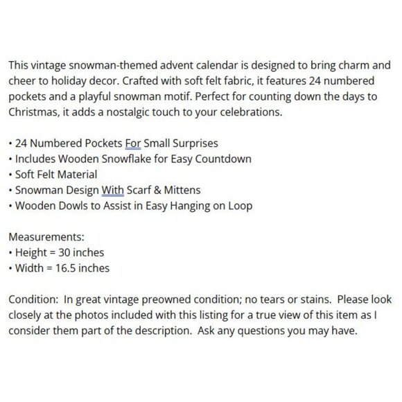 Vintage Snowman Let It Snow Advent Calendar Wall Hanging Christmas Felt Plush - Picture 11 of 11